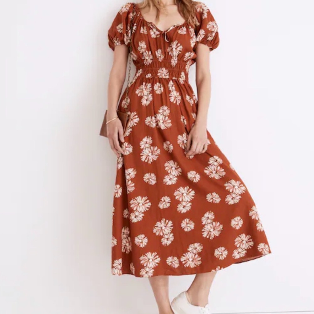 Madewell Sophia Linen-Blend Midi Dress – Rust Floral | Size S | Excellent